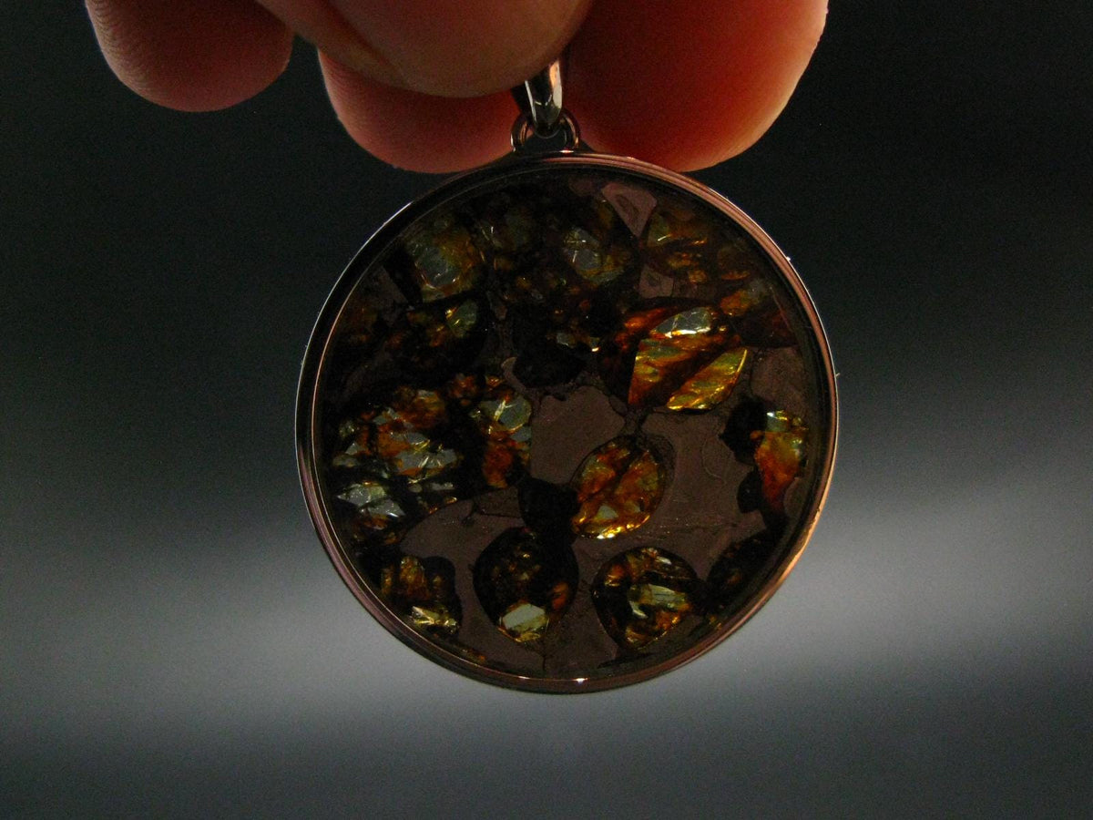 Rare Brahin Meteorite Slice With Olivine Pallasite Silver Pendant from Belarus - 1.4" - 5.27 Grams