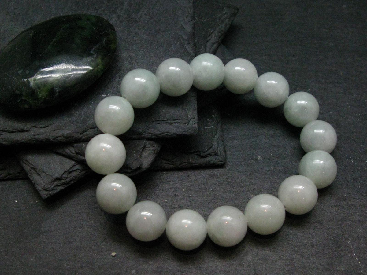 White Jade Jadeite Genuine Bracelet ~ 7 Inches ~ 14mm Round Beads