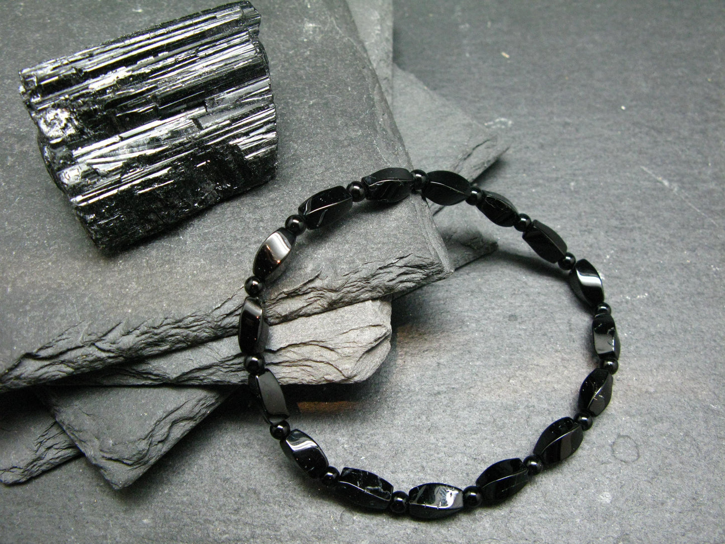 Black Tourmaline Genuine Bracelet ~ 7 Inches ~ Elongated & Round Beads