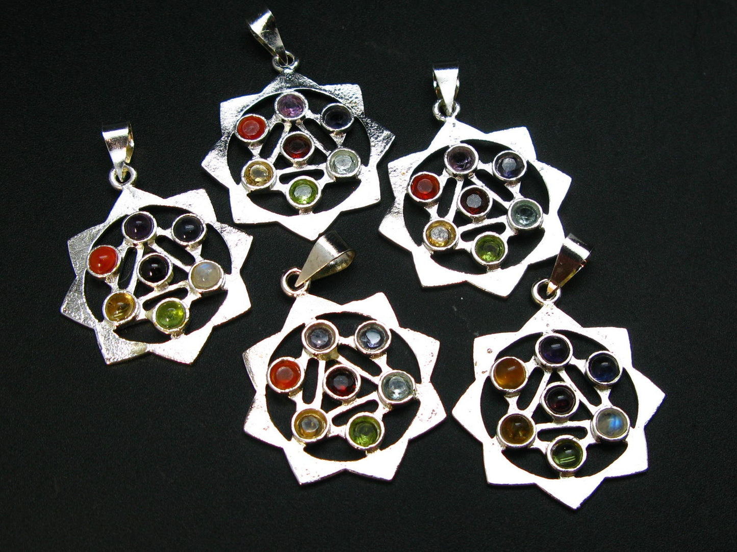 Set of Five 7 Chakra Balancing Natural Multicolor Gems Mandala Pendant