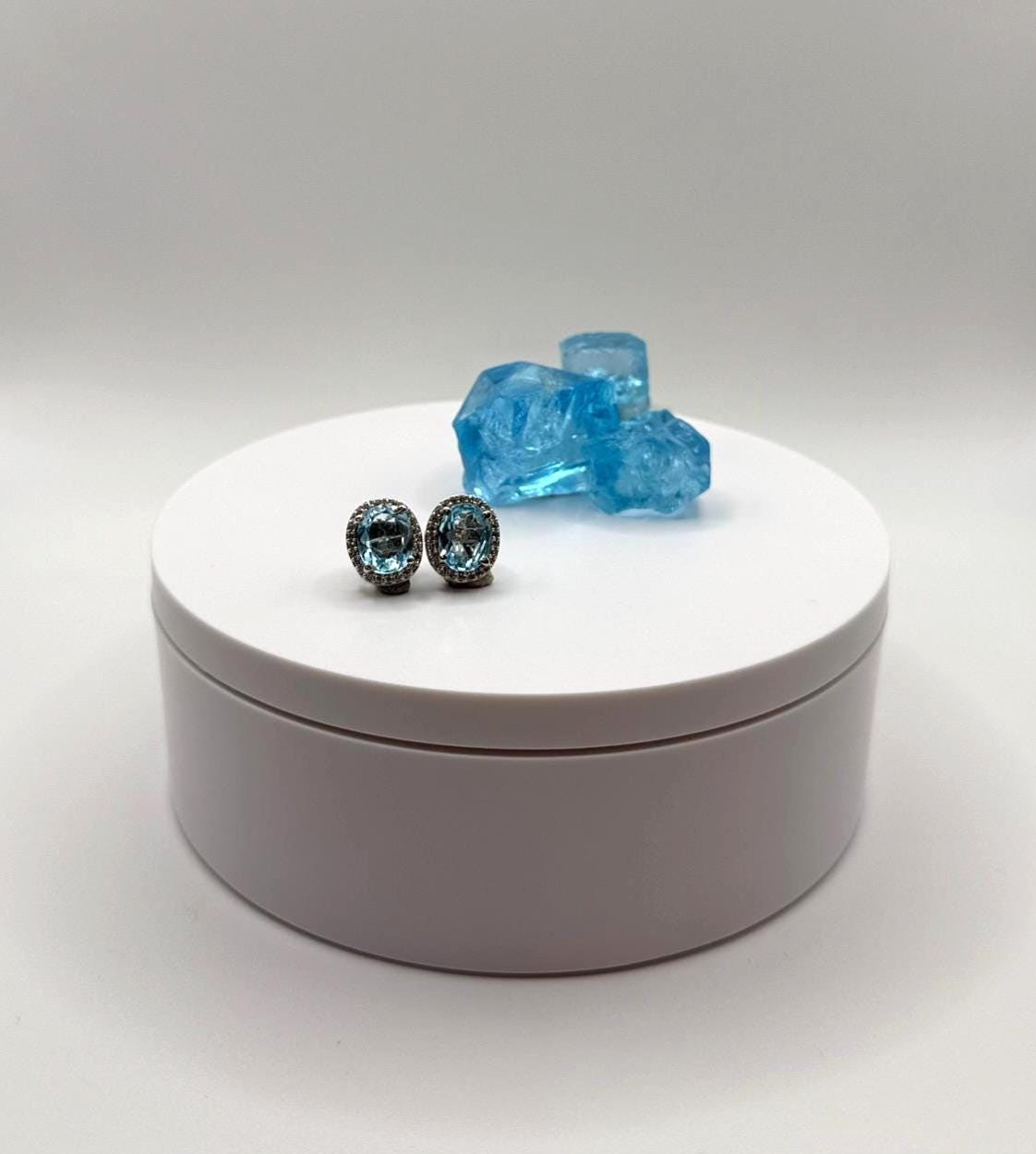 Swiss Blue Topaz Oval Stud Earrings with Pave Halo - Weight 4.49 Grams