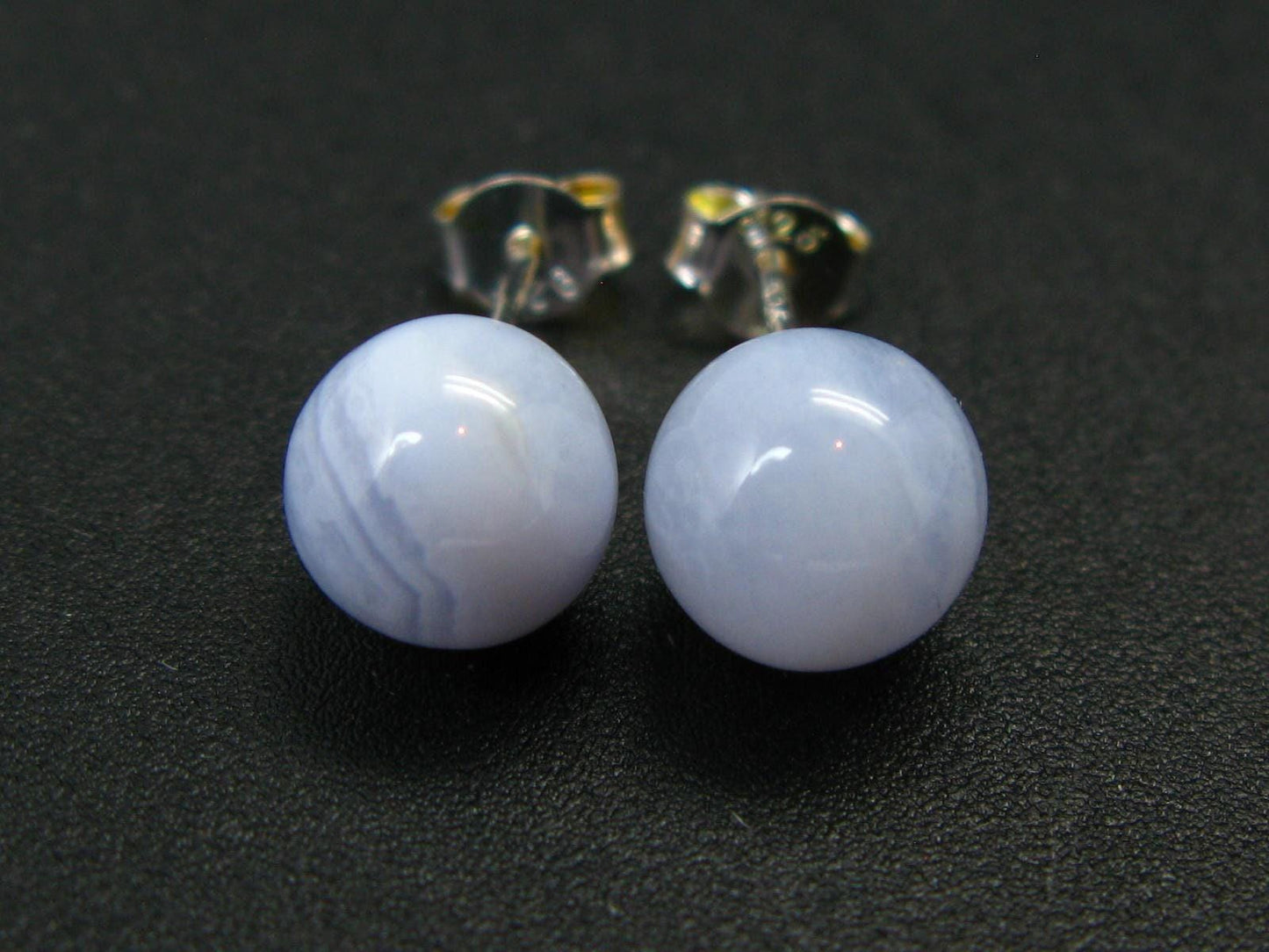 The Most Classic Earring Styles!! Natural 8mm Round / Ball Blue Lace Agate Gemstones 925 Silver Stud Earrings