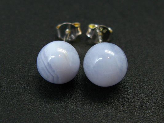 The Most Classic Earring Styles!! Natural 8mm Round / Ball Blue Lace Agate Gemstones 925 Silver Stud Earrings