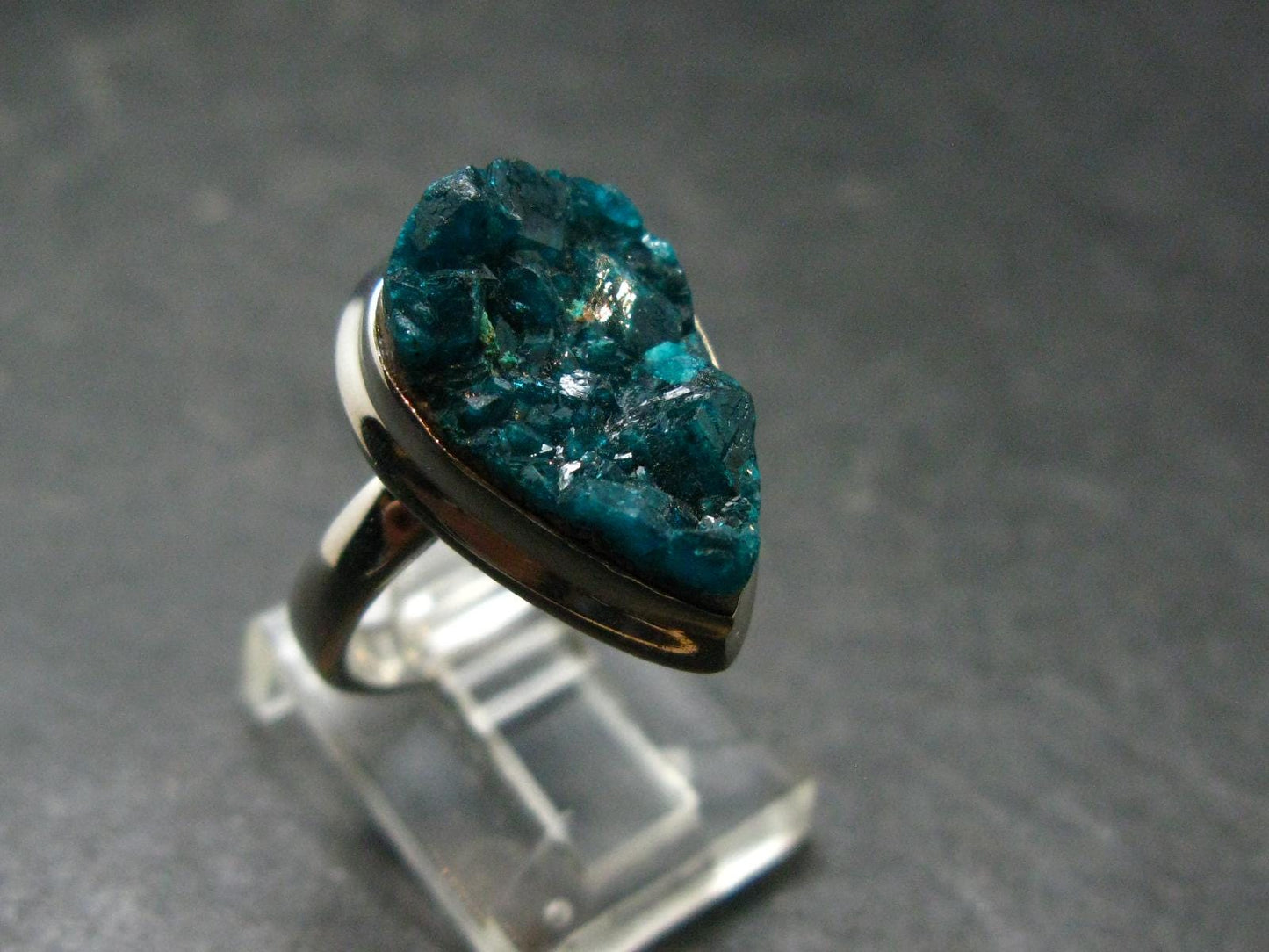 Emerald Green Dioptase Crystal Silver Ring from Congo - 5.85 Grams - Size 6