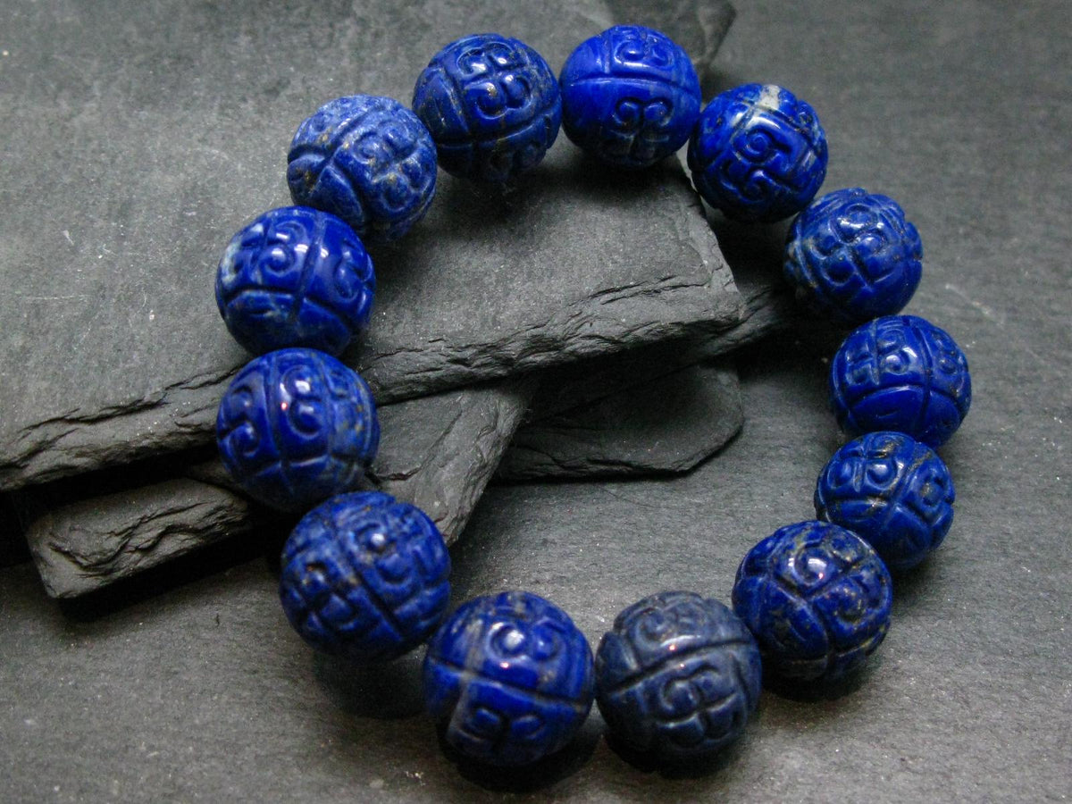Lapis Lazuli Lazurite Genuine Bracelet ~ 7 Inches ~ 15mm Carved Beads