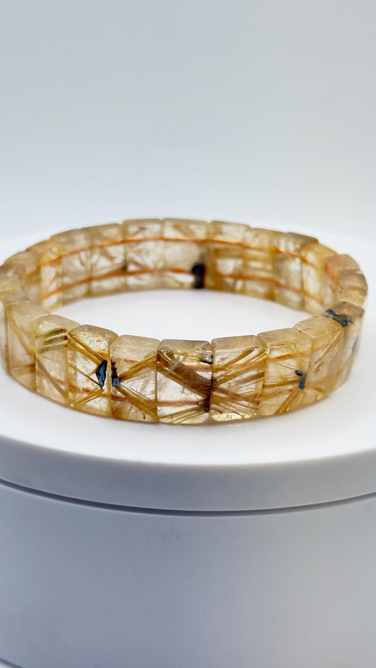 Golden Rutilated Quartz Tile Bracelet – Natural Gemstone Stretch Jewelry