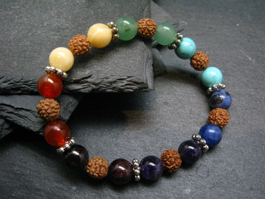 7 Chakra & Rudraksha Genuine Bracelet ~ 7 Inches ~ 8mm Round Beads