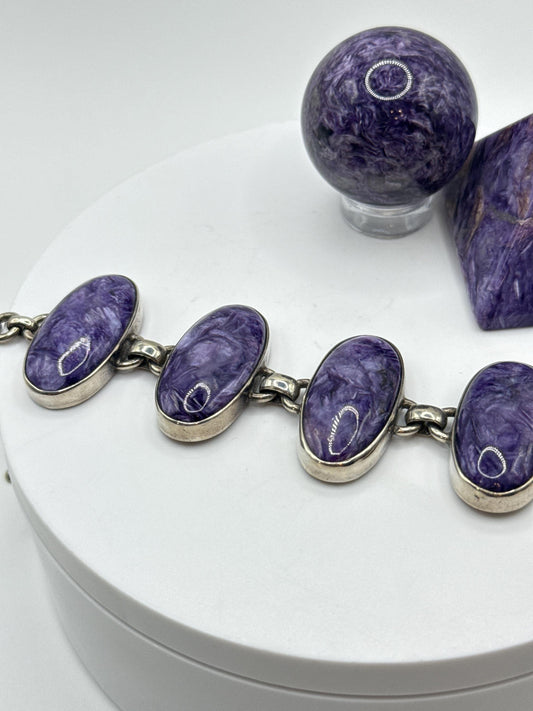 Charoite & Sterling Silver Oval Link Bracelet - 37.83 Grams