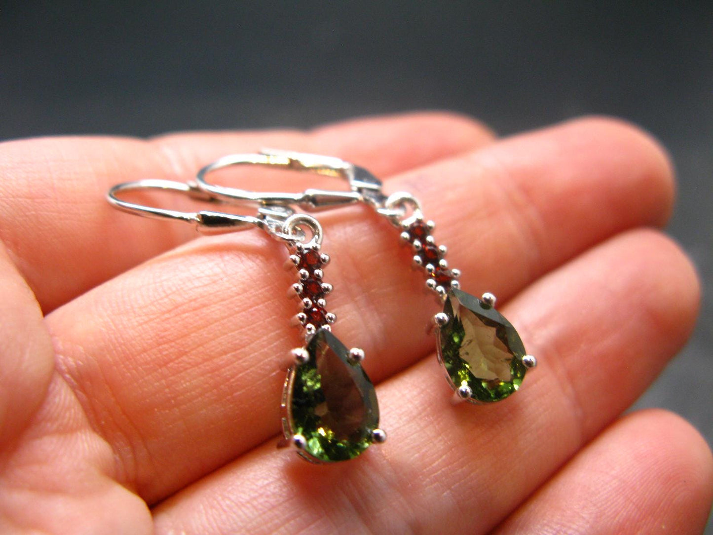 Moldavite Tektite & Red Garnet Silver Earrings from Czech Republic - 2.62 Grams