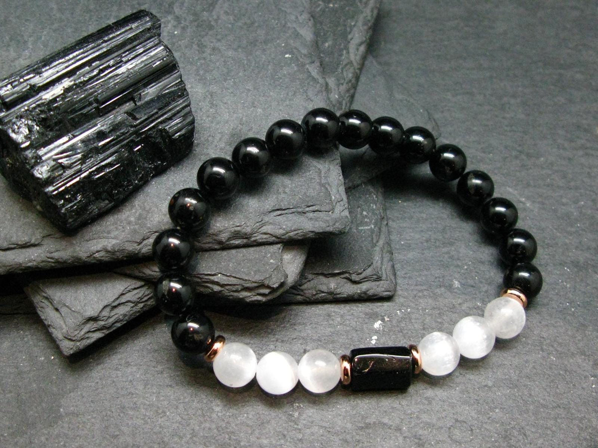 Black Tourmaline & Selenite Genuine Bracelet ~ 7 Inches ~ 8mm Round Beads