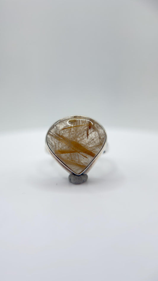 Golden Rutilated Quartz Ring – Teardrop Rutile Crystal Statement Jewelry - Size 10