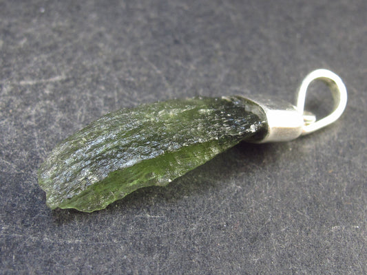 Raw Moldavite Tektite Silver Pendant from Czech Republic - 1.5" - 2 Grams