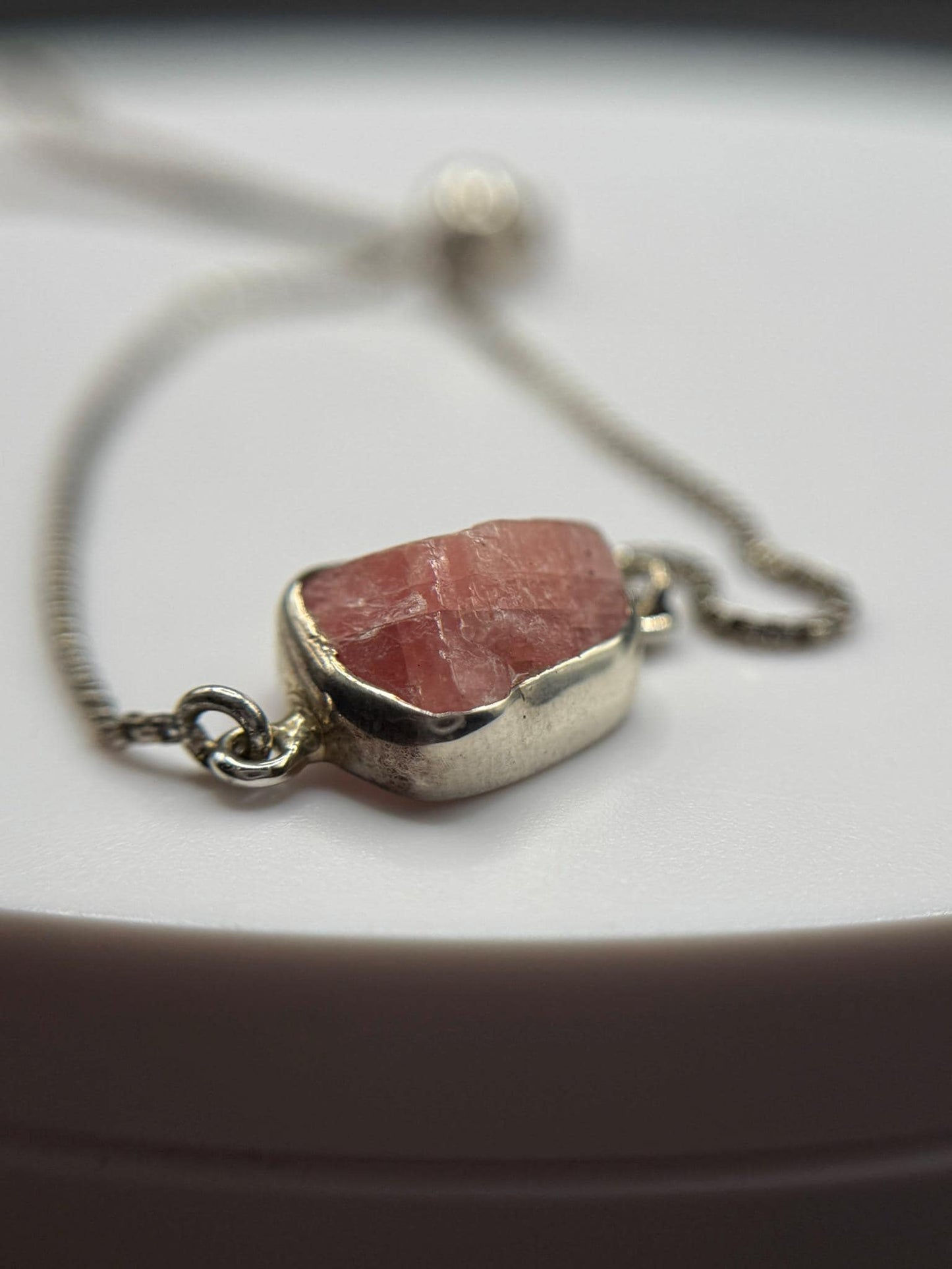 Natural Rhodochrosite Sterling Silver Chain Bracelet | Pink Crystal Adjustable Bracelet