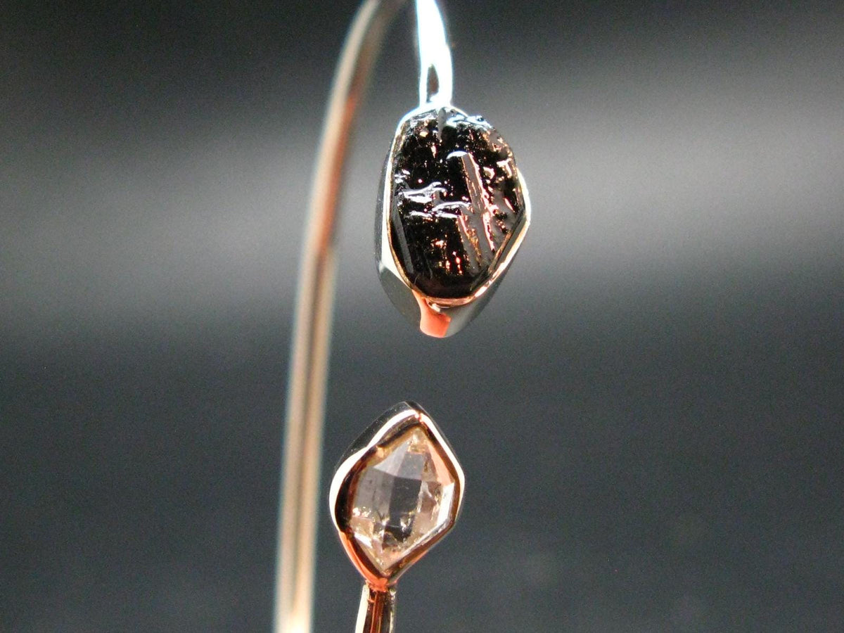 Black Tourmaline And Herkimer Diamond Silver Twister Bracelet - Size Adjustable - 5.0 Grams