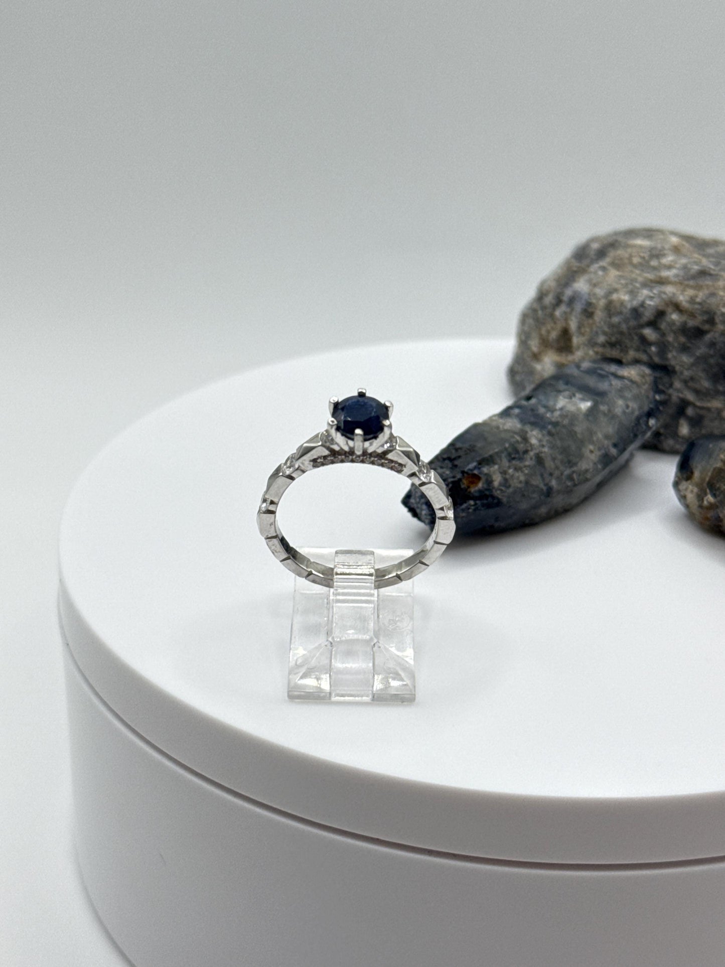Blue Sapphire Solitaire Ring: Sterling Silver September Birthstone, Size 7