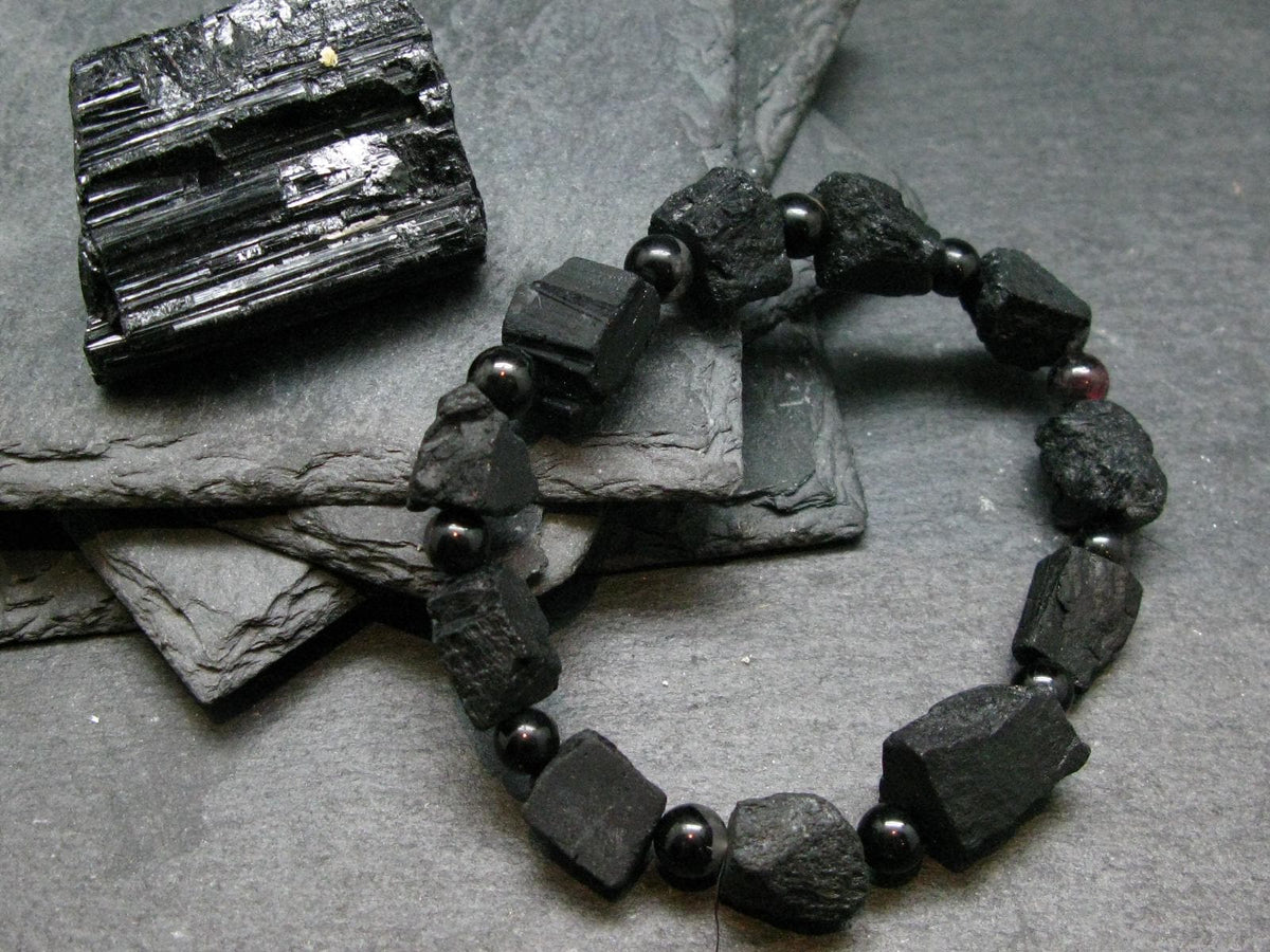 Black Tourmaline Genuine Bracelet ~ 7 Inches ~ 14mm Crystal Beads