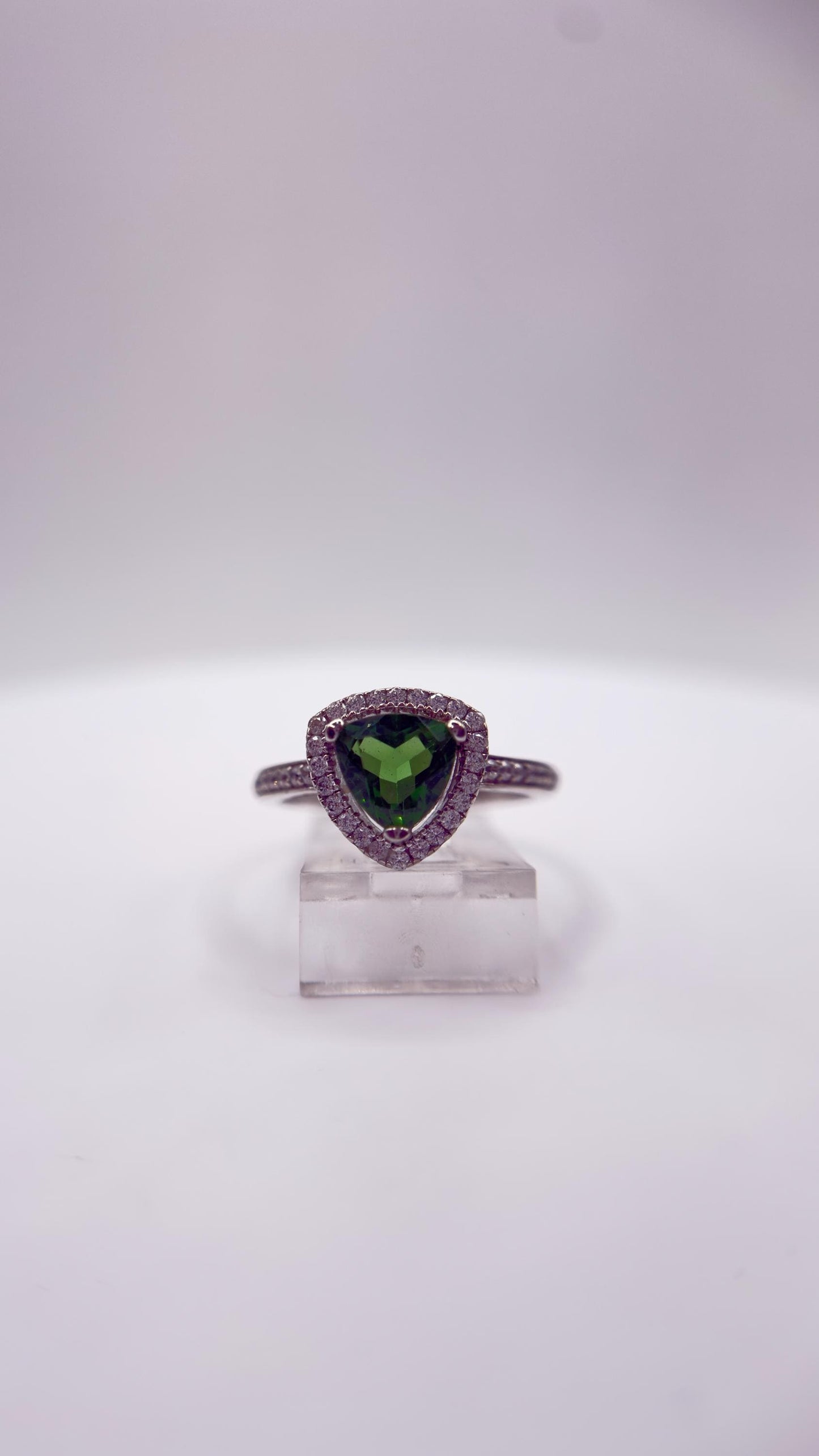 Green Helenite Trillion Halo Ring – Sterling Silver Gemstone Statement Ring