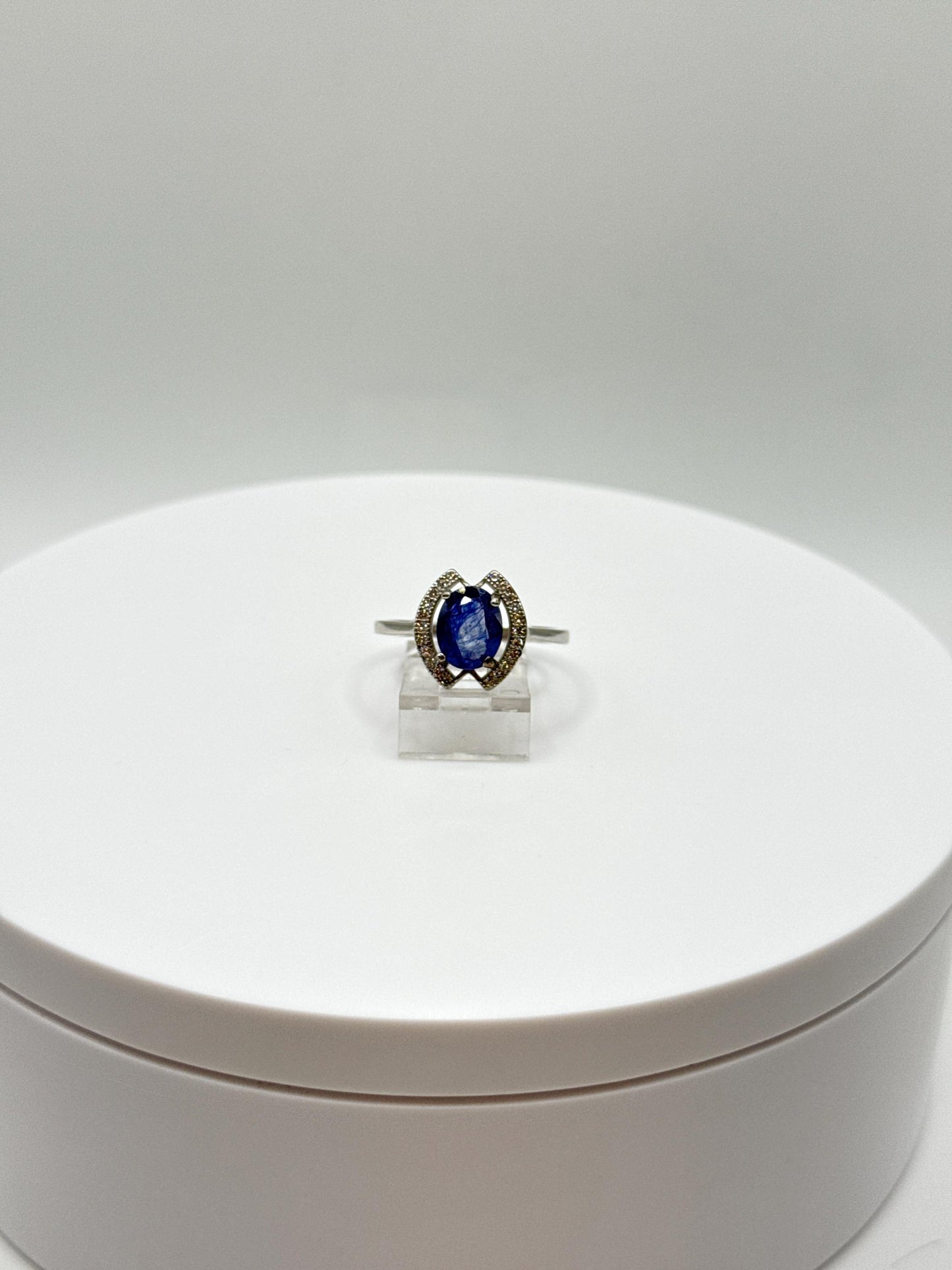 Blue Sapphire Halo Ring: Sterling Silver Statement Jewelry, Size 8.5