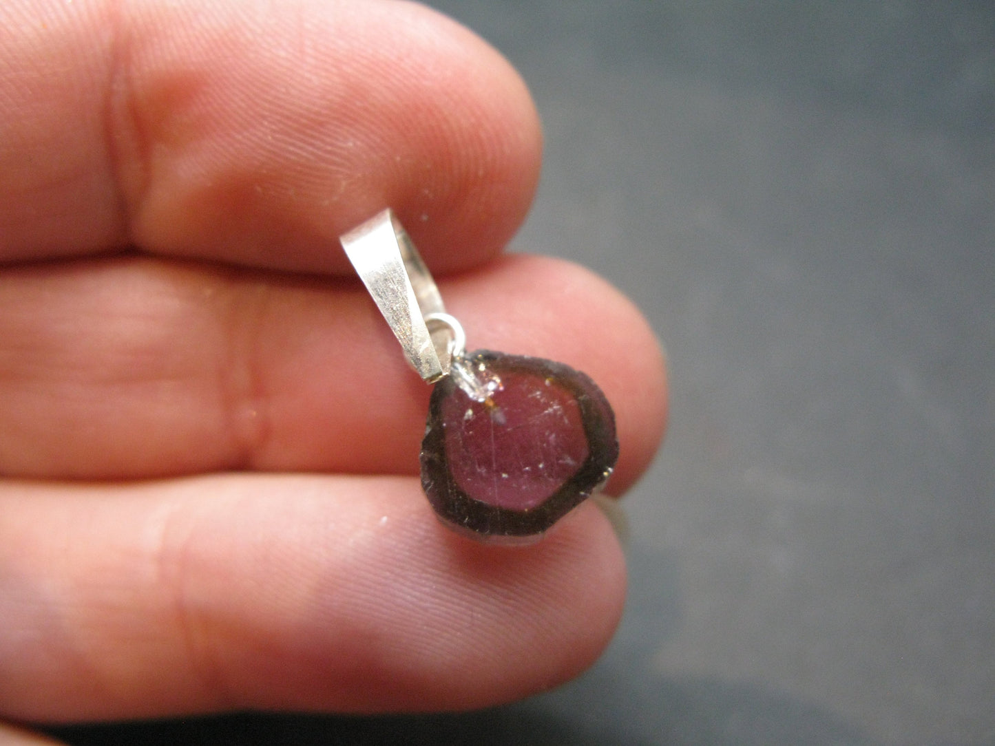 Rare Green & Red Gem Watermelon Tourmaline Crystal Slice Silver Pendant From Brazil - 0.7" - 0.64 Grams