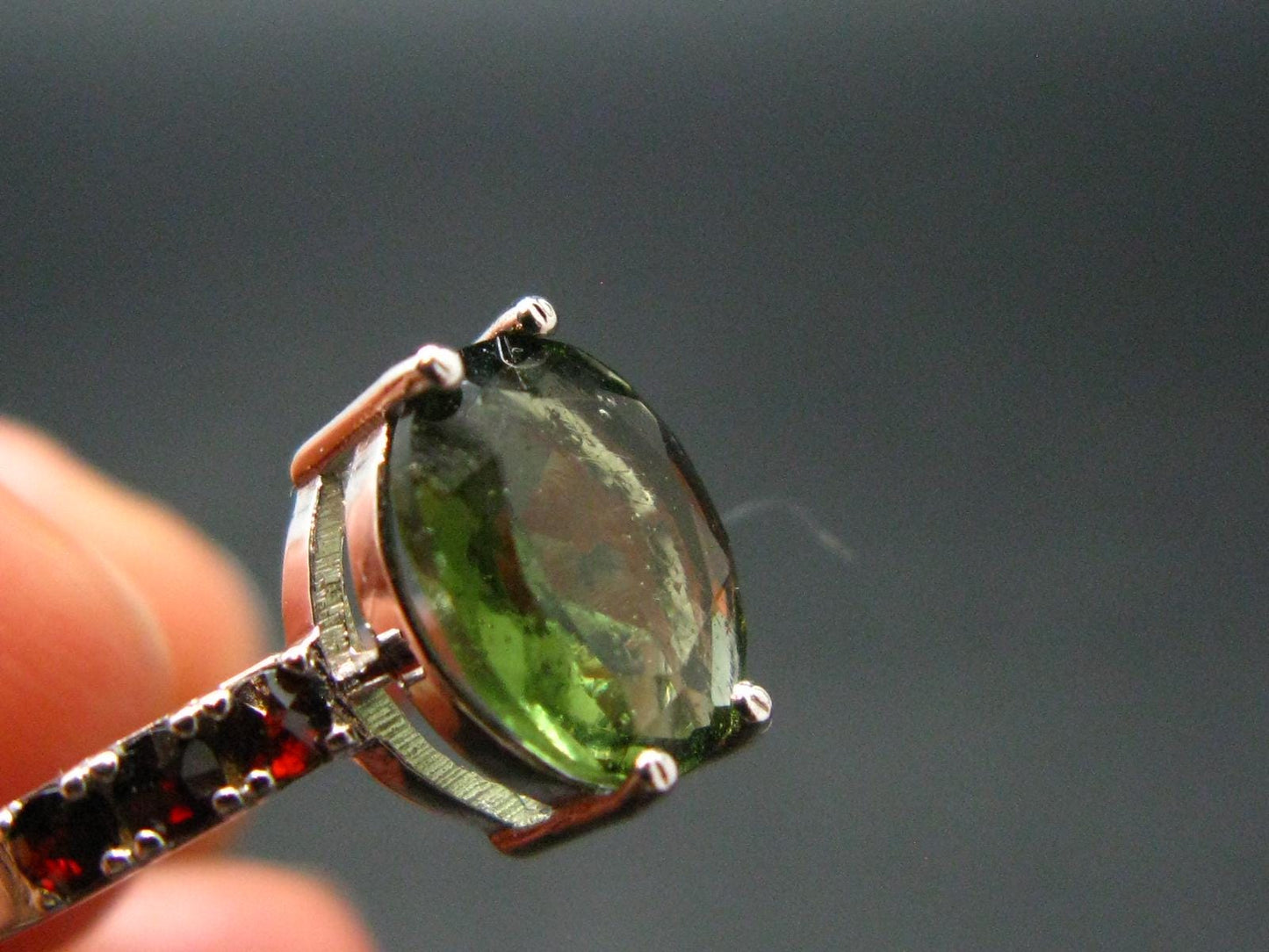 Moldavite Tektite and Red Garnet Silver Ring from Czech Republic - Size 9 - 2.53 Grams