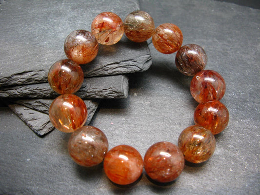 Red Rutilated Quartz Genuine Bracelet ~ 7.5 Inches ~ 18mm Round Beads