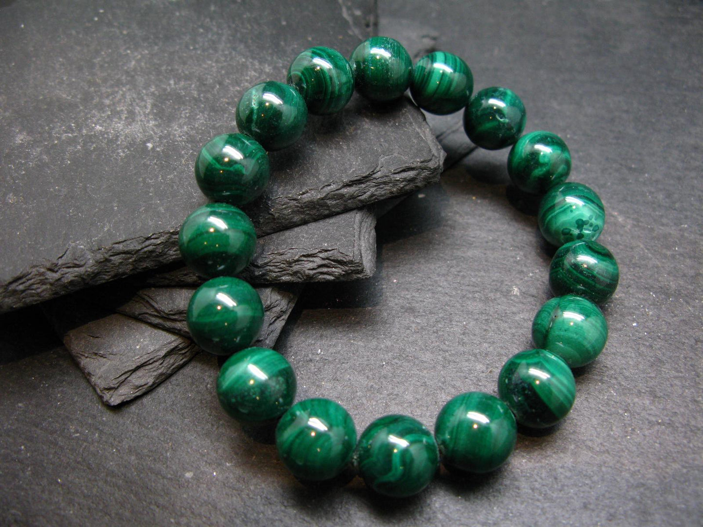 Malachite Genuine Bracelet ~ 7 Inches ~ 12mm Round Beads