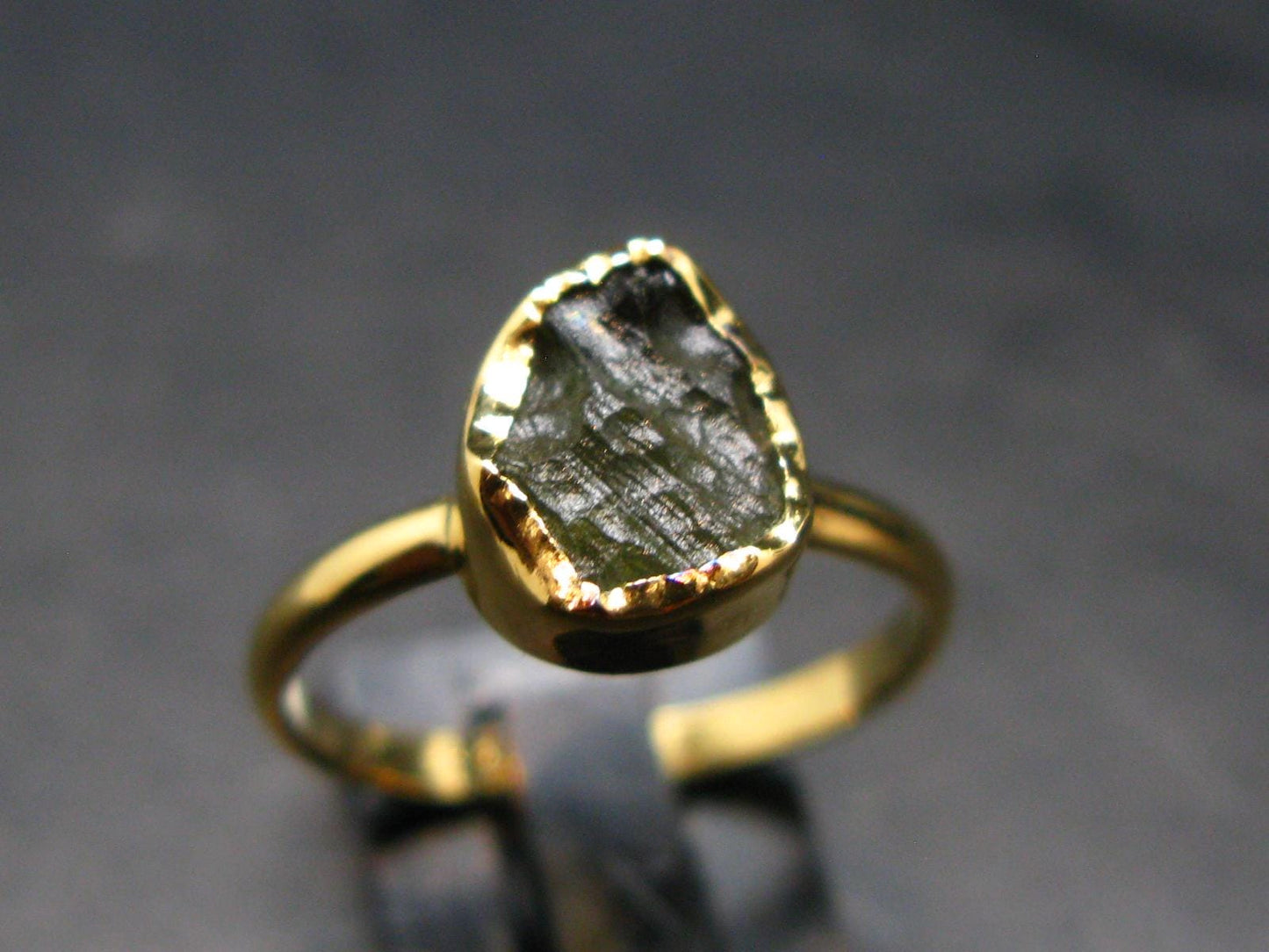 Moldavite Gold Plated Silver Ring - Size 7 - 1.19 Grams