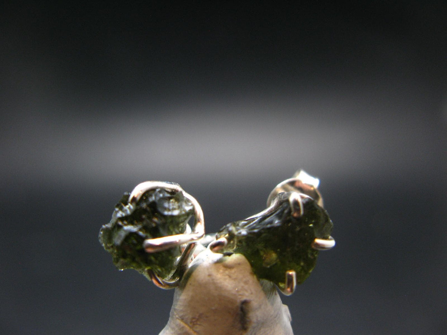 Natural Moldavite Tektite Raw Stud Earrings In Sterling Silver From Czech Republic - 2.10 Grams