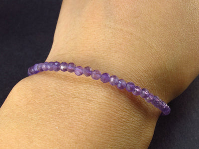 Natural Faceted Round Beads Amethyst 925 Silver Bracelet - Size Adjustable - 2.86 Grams