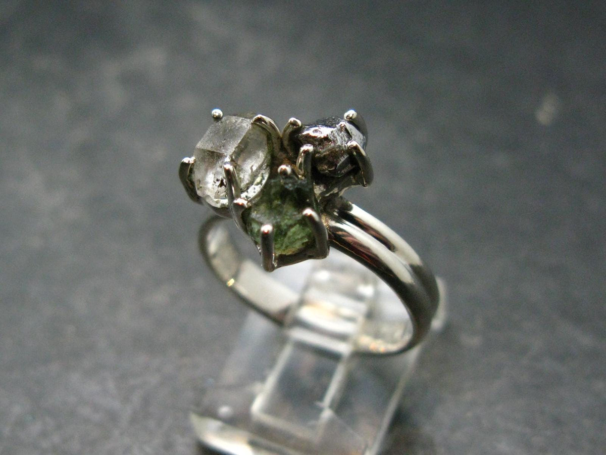 Moldavite Herkimer Meteorite Sterling Silver Ring From Czech Republic - Size 8 - 4.33 Grams