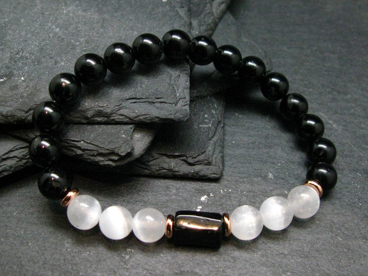 Black Tourmaline & Selenite Genuine Bracelet ~ 7 Inches ~ 8mm Round Beads
