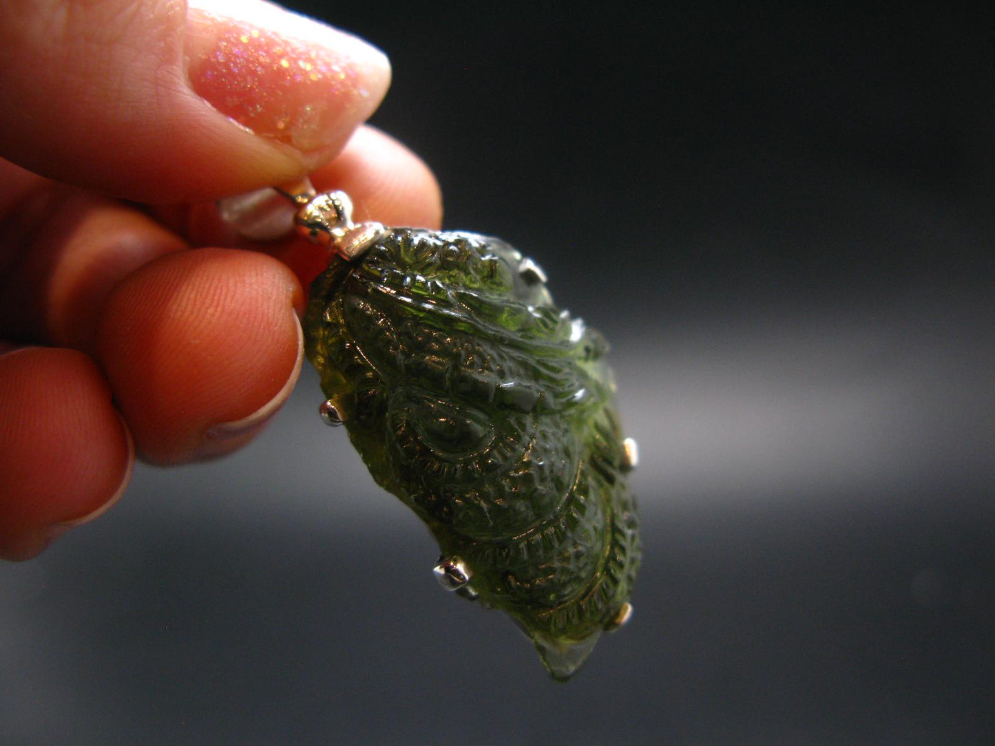 Moldavite Tektite Silver Dragon Pendant from Czech Republic - 1.7" - 6.29 Grams