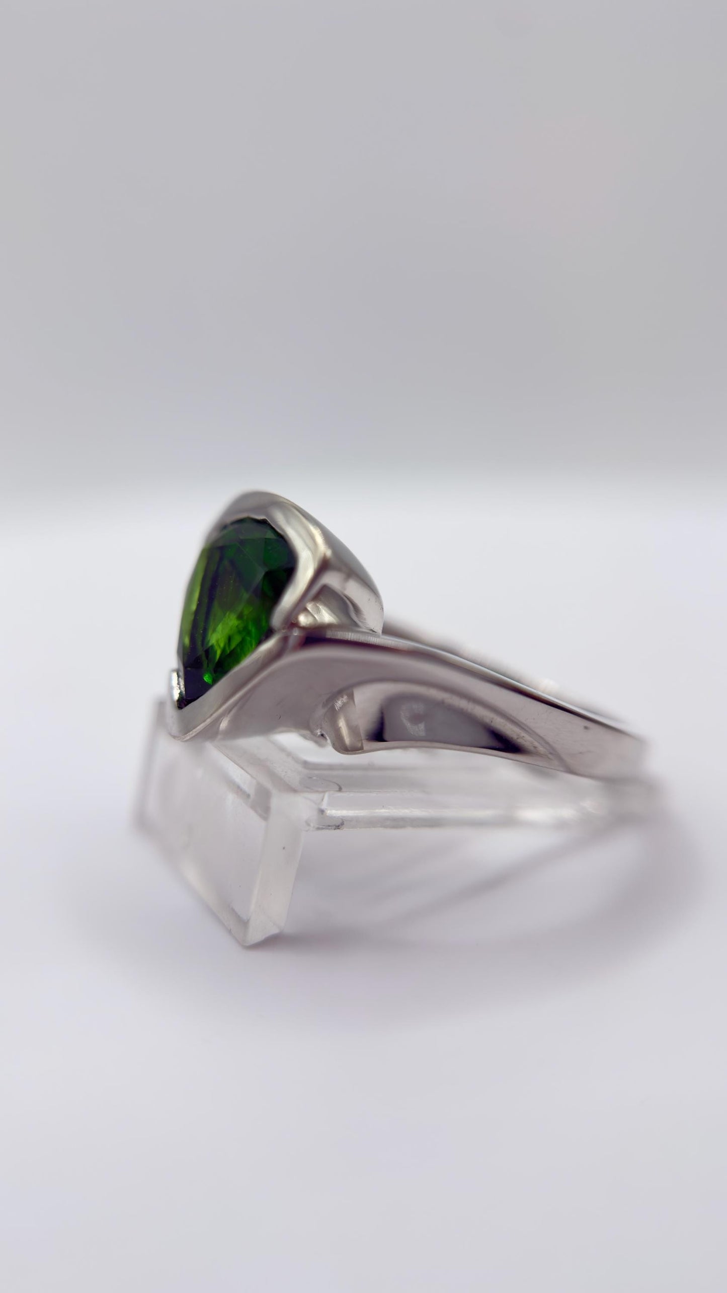 Green Helenite Trillion Ring – Sterling Silver Modern Gemstone Statement Ring