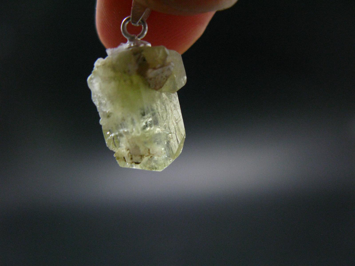 Rare Gemmy Yellowish-Green Brazilianite Terminated Crystal Silver Pendant From Brazil - 0.8" - 1.47 Grams