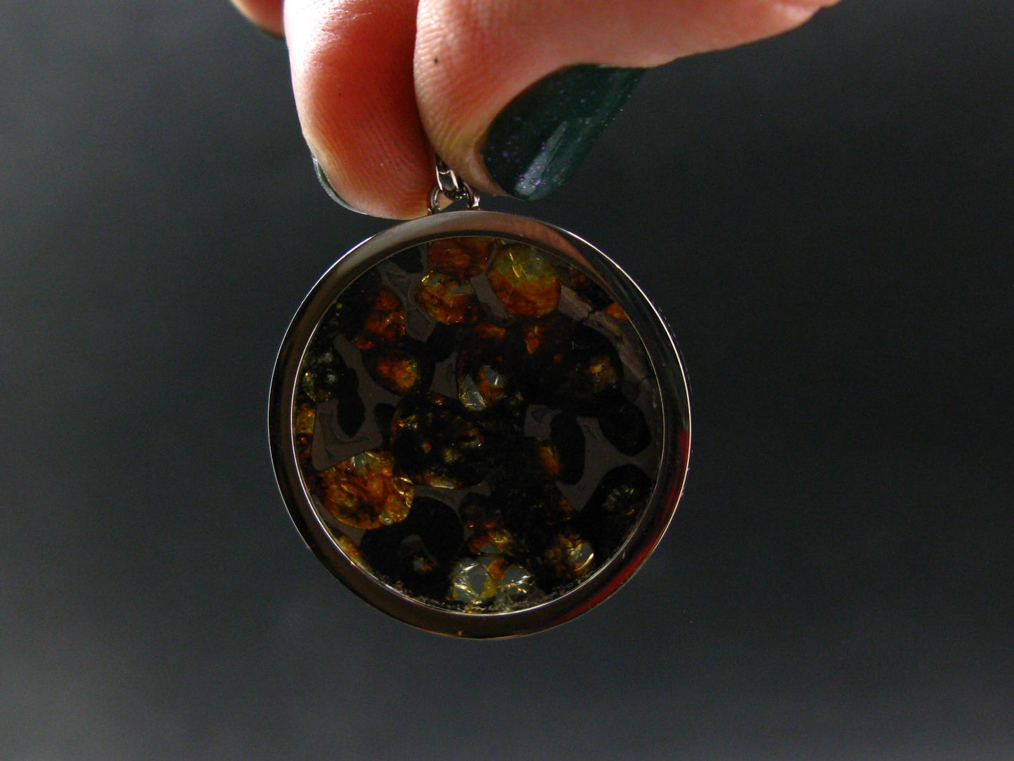 Rare Brahin Meteorite Slice With Olivine Pallasite Silver Pendant from Belarus - 1.4" - 5.22 Grams