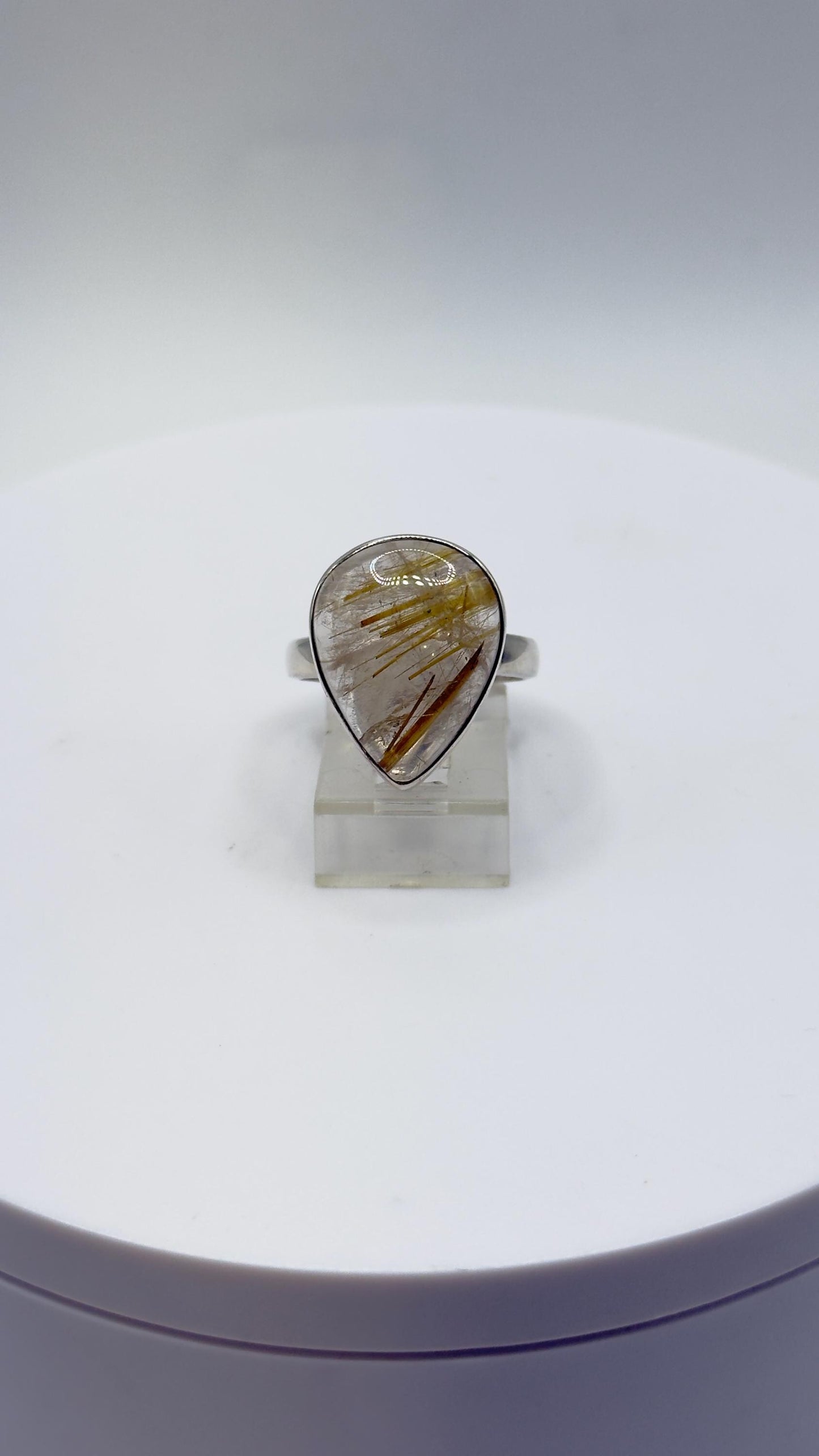 Golden Rutilated Quartz Ring – Pear Shape Rutile Crystal Statement Ring - Size 9