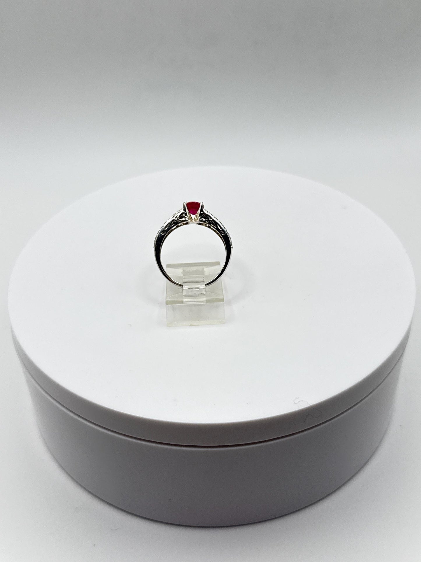 Ruby Solitaire Ring | Sterling Silver Pavé Band, Size 8