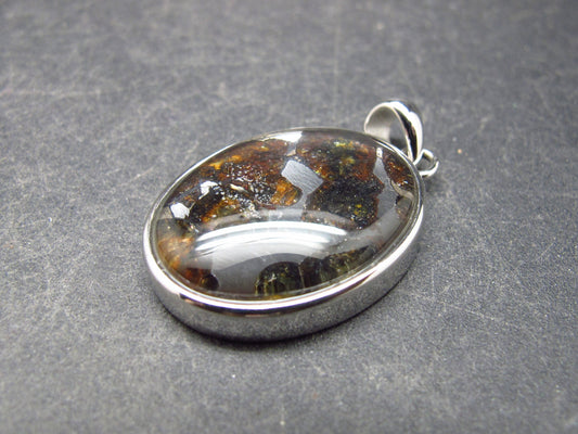 Rare Brahin Meteorite Slice With Olivine Pallasite Silver Pendant from Belarus - 1.2" - 5.08 Grams
