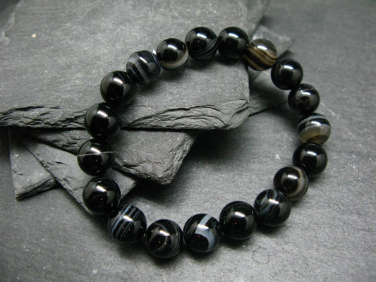 Black Agate Genuine Bracelet ~ 7 Inches ~ 10mm Round Beads