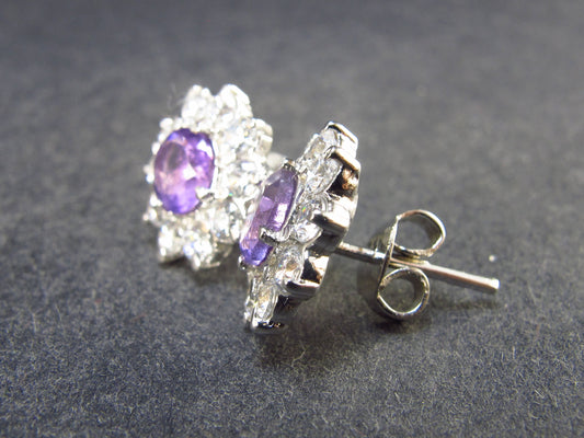 Rich Purple Amethyst Faceted Stud Earrings In Sterling Silver with CZ from Brazil - 4.56 Grams