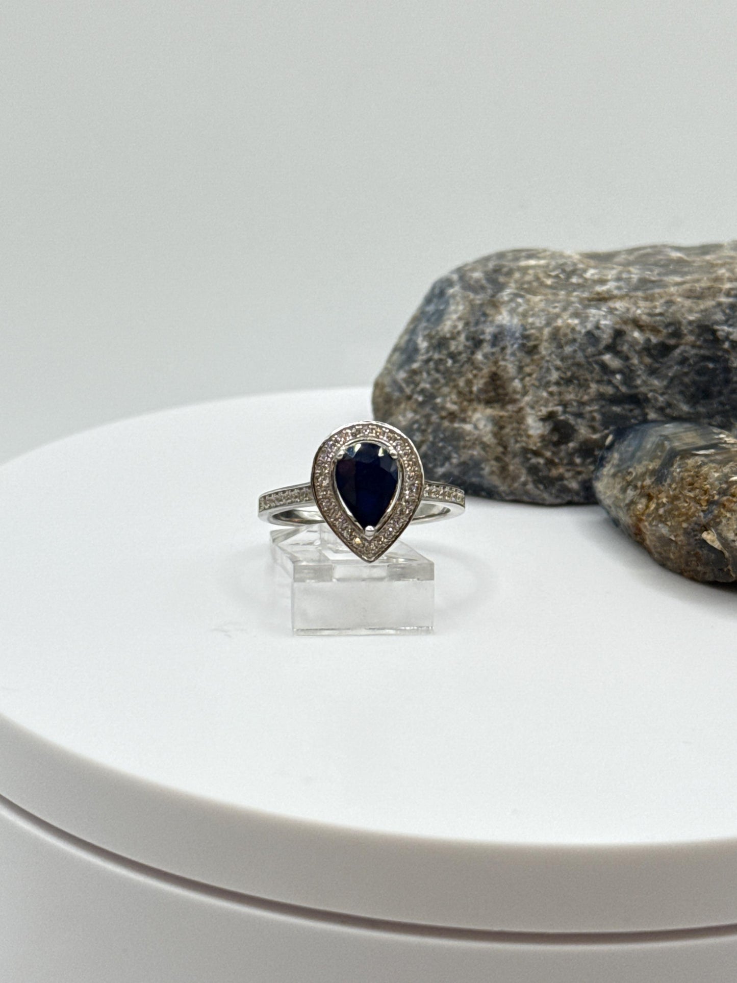Pear Sapphire Halo Ring | Sterling Silver, September Birthstone (Size 7.5)