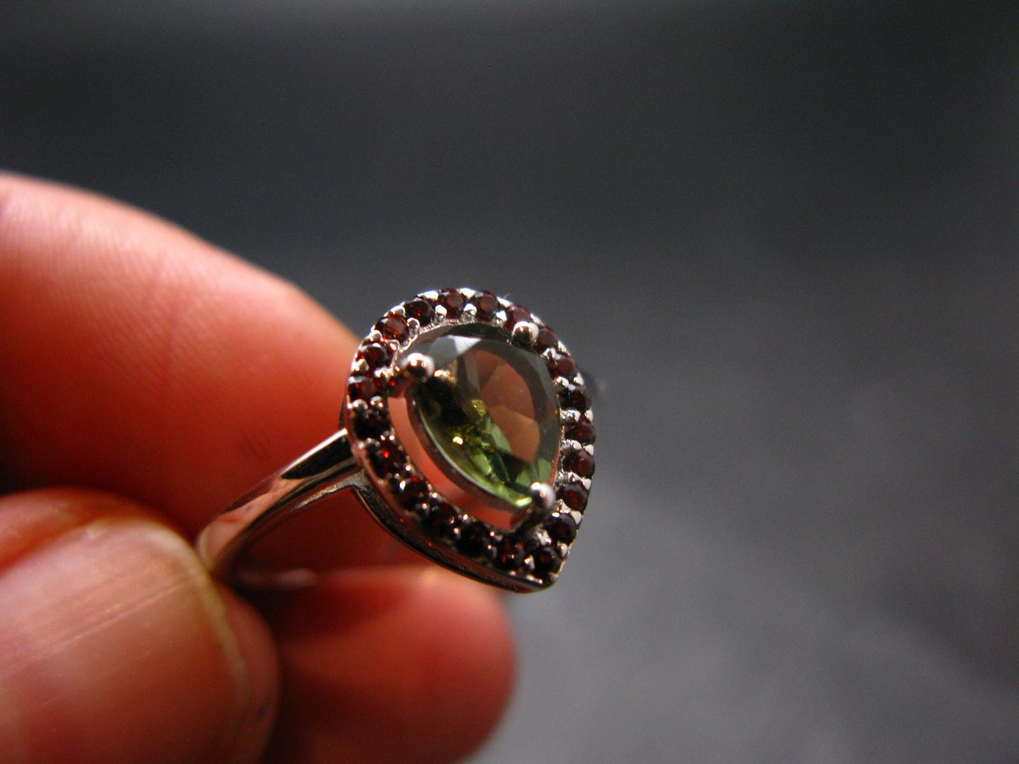 Moldavite & Red Garnet Sterling Silver Ring From Czech Republic - Size 6.25 - 2.11 Grams