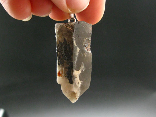 Spessartine Garnet On Smoky Quartz Crystal Silver Pendant From China - 1.9" - 17.91 Grams