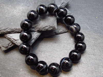 Black Agate Genuine Bracelet ~ 7 Inches ~ 12mm Round Beads