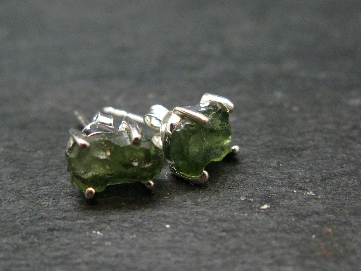 Natural Moldavite Tektite Raw Stud Earrings In Sterling Silver From Czech Republic - 1.58 Grams