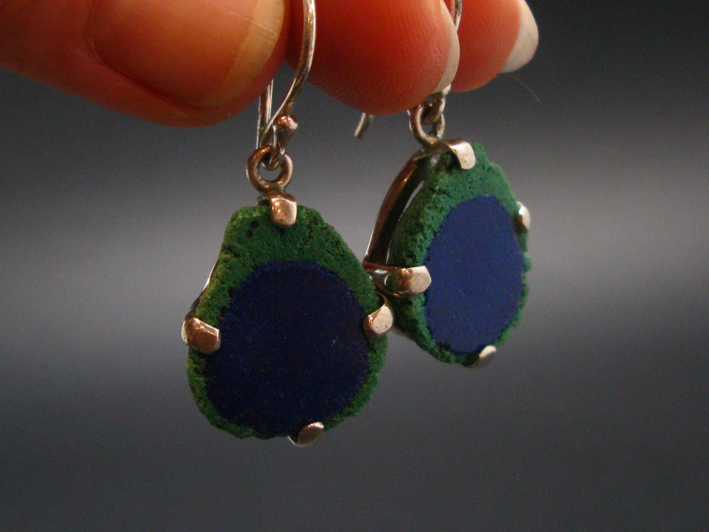 Natural Raw Deep Blue Azurite with Green Malachite Earrings In Sterling Silver From Mexico - 1.4"