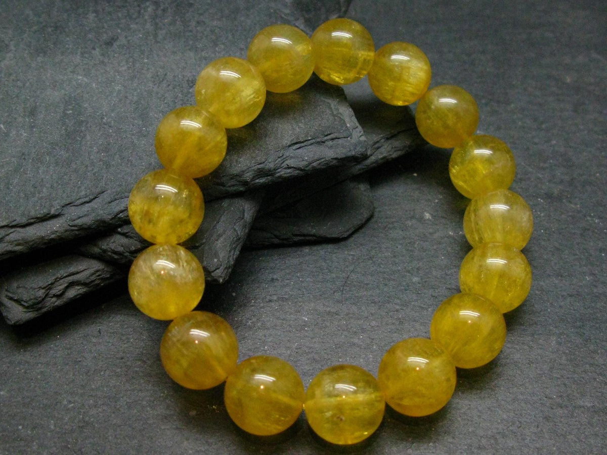 Yellow Fluorite Genuine Bracelet ~ 7.5 Inches ~ 14mm Round Beads