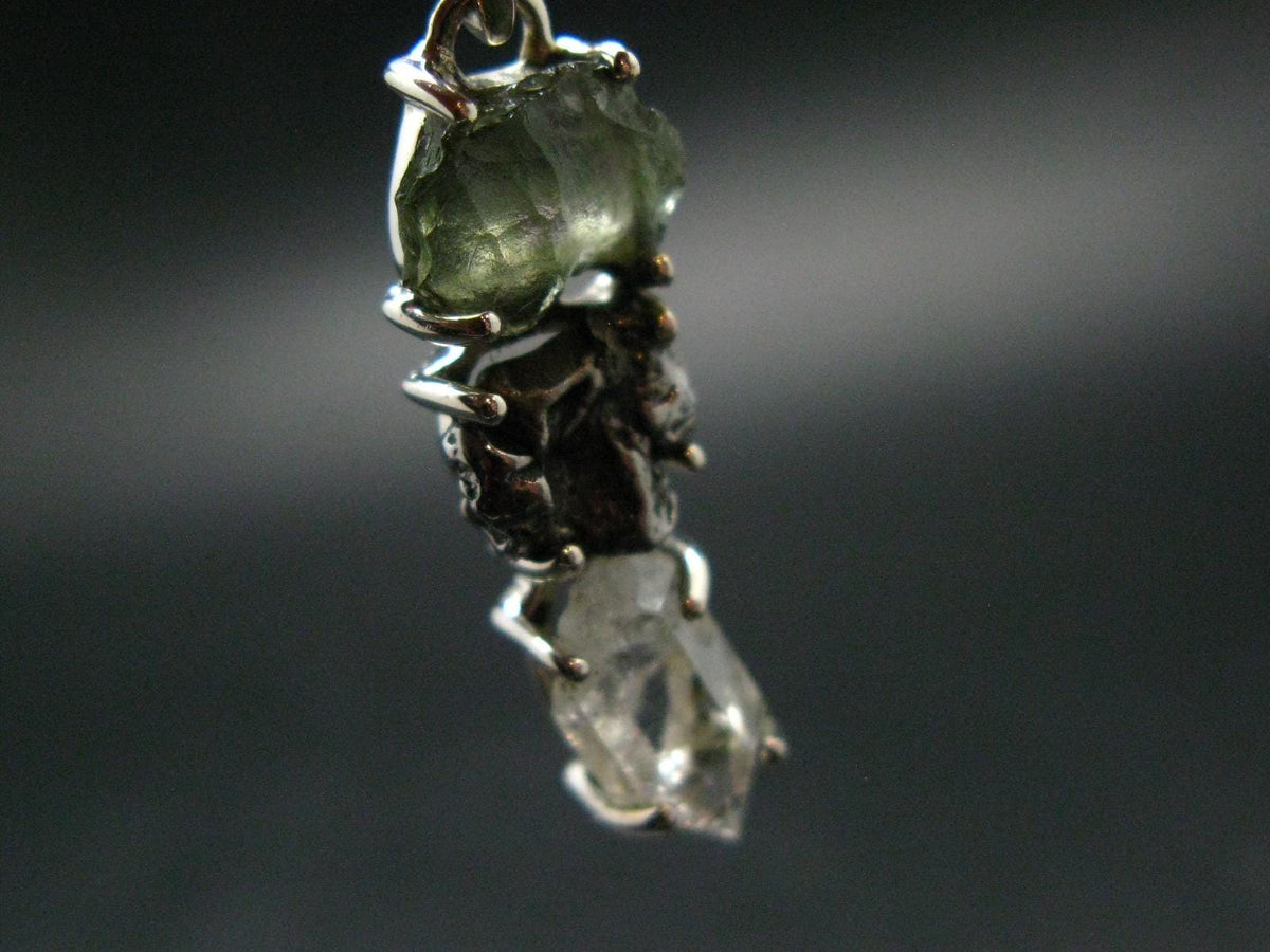 Moldavite Herkimer Meteorite Sterling Silver |Pendant From Czech Republic - 1.4" - 3.21 Grams