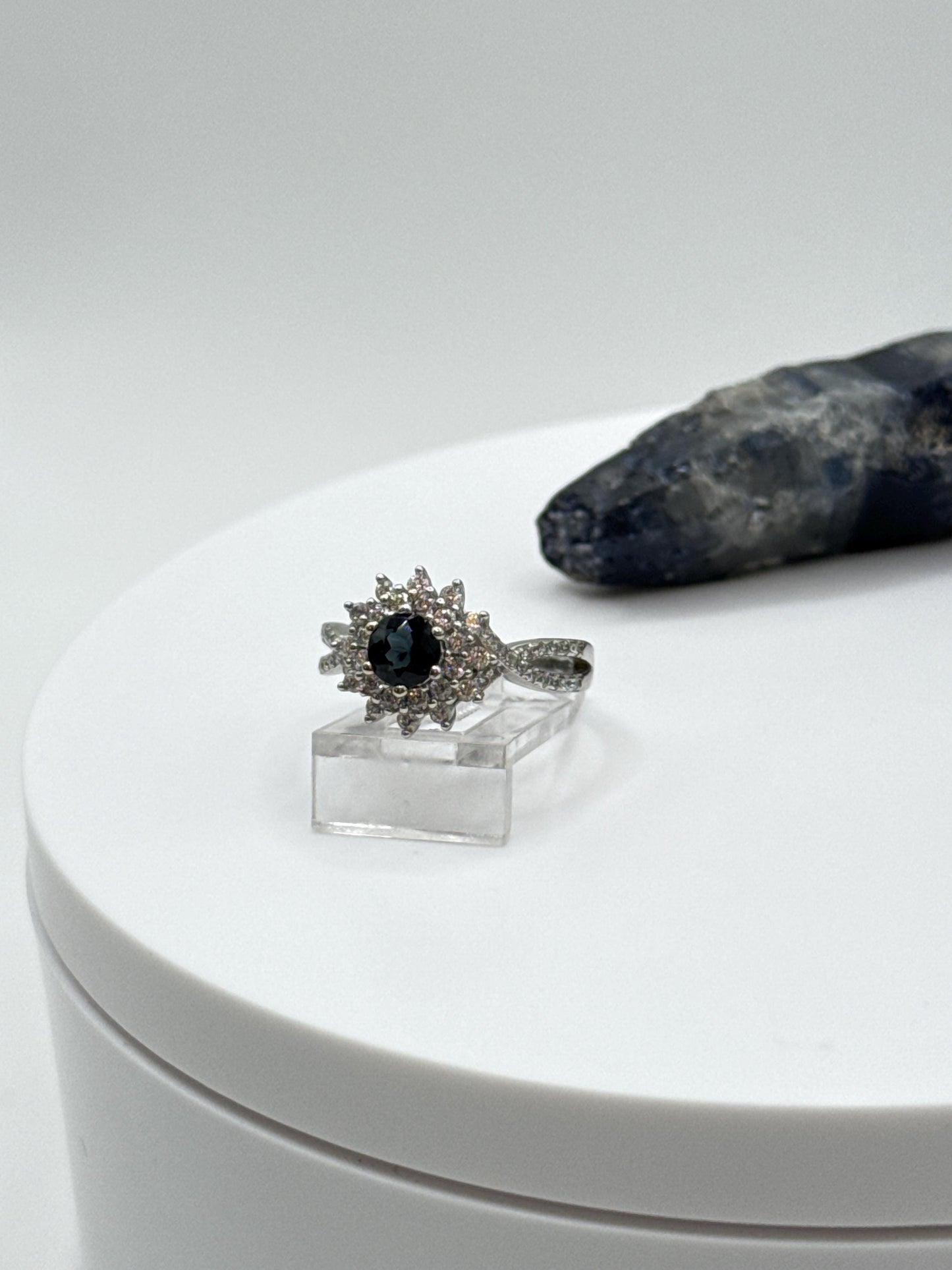 Blue Sapphire Halo Ring: Sterling Silver September Birthstone, Size 6