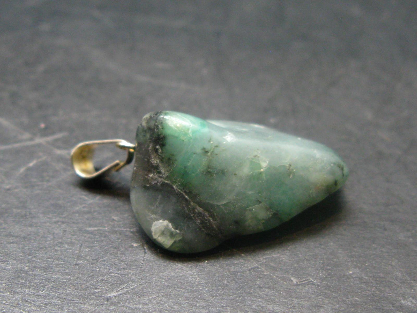 Natural Emerald Tumbled Stone Silver Pendant from Brazil - 1.1" - 4.29 Grams